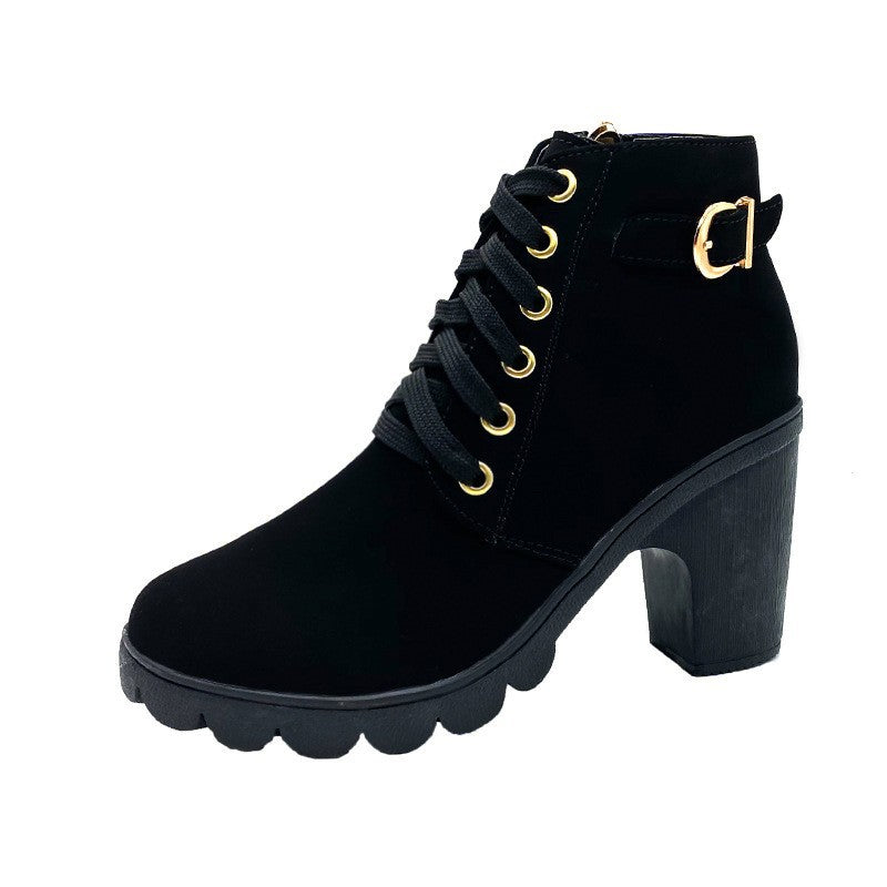 Damen nan elegante Schnür-Stiefelette mit mittlerem Blockabsatz, profilierter Gummilaufsohle und dekorativer Metallschnalle Drune