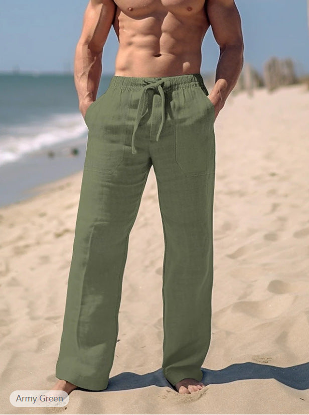 Herren gerade geschnittene Leinen-Loungehose mit Kordelzug, tiefen Eingrifftaschen und atmungsaktiver Struktur Drune