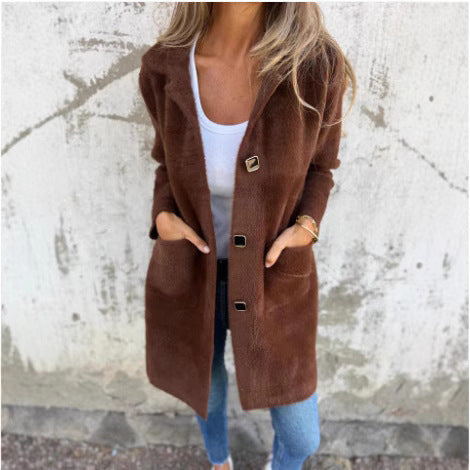 Damen Teddy-Mantel mit Oversize-Kragen, dekorativen Knöpfen und Eingrifftaschen Drune
