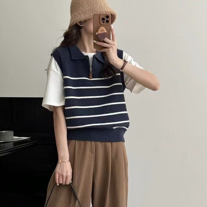 Damen Strickpullover mit Reißverschluss und Streifenmuster Drune