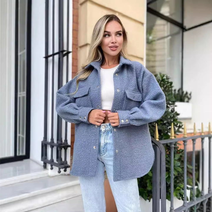 Damen Oversized Teddy-Übergangsjacke mit Brusttaschen und Druckknöpfen Drune
