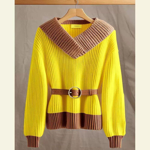 Damen Modischer und eleganter Strickpullover mit Gürtel Drune