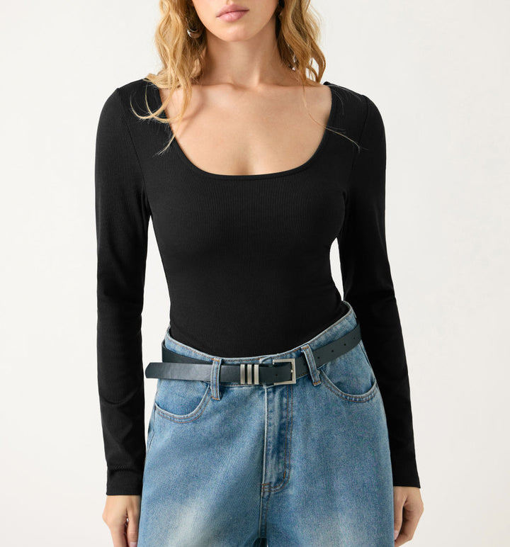 Damen Tailliertes Rippfeinstrick-Longsleeve mit weitem U-Boot-Ausschnitt Drune