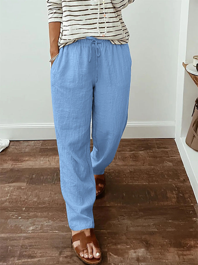 Leichte Damen-Leinenoptik-Hose mit elastischem Kordelzug, Fronttaschen und weitem Bein Drune