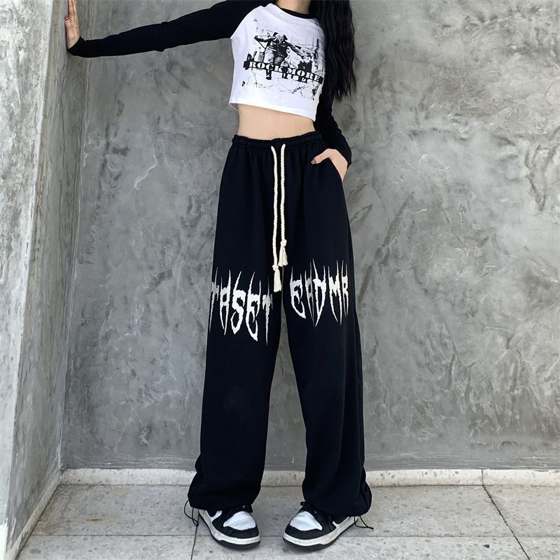 Damen nan weite Oversize-Sweatpants mit Kordelzug und Gothic-Print Drune