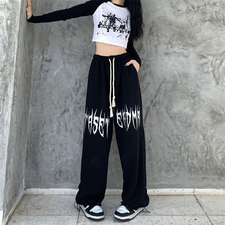 Damen nan weite Oversize-Sweatpants mit Kordelzug und Gothic-Print Drune