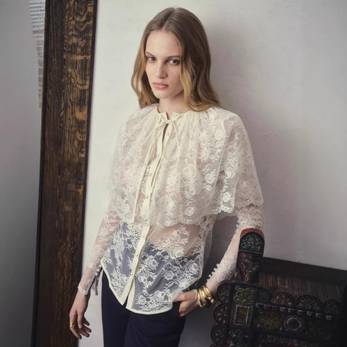 Damen Spitzenbluse mit eleganter Schleifenverzierung und transparenten Einsätzen Drune