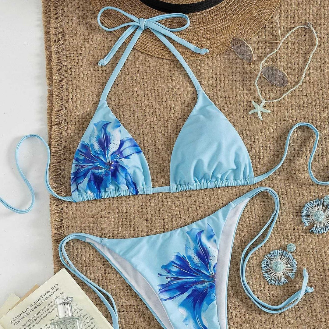 Damen Triangel-Bikini mit floralem Print und verstellbaren Bindeband Drune