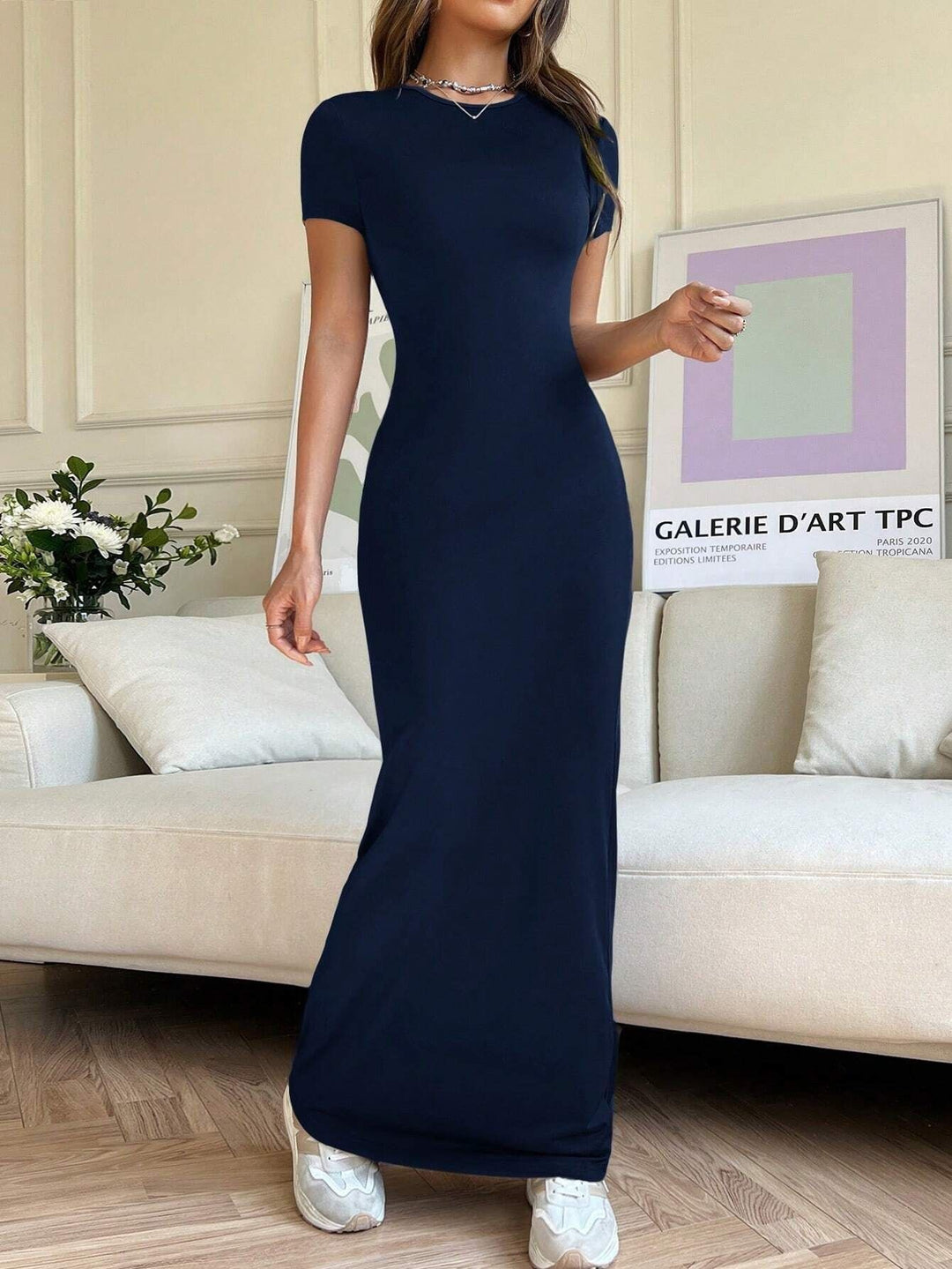 Damen Figurbetontes Maxikleid mit V-Ausschnitt Drune