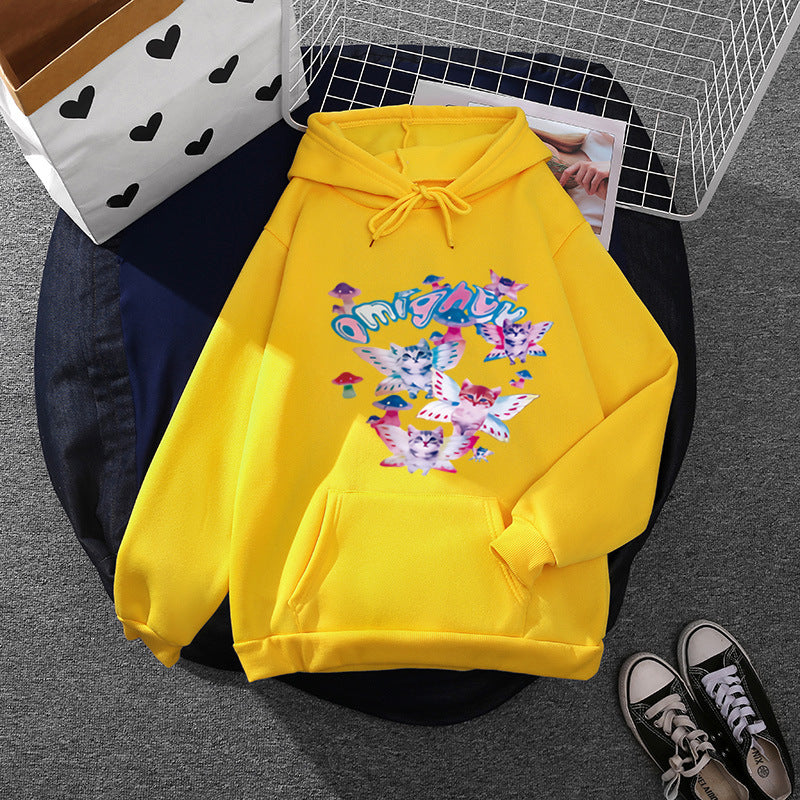 Damen nan Kapuzenpullover mit verspieltem Katzen‑Schmetterlings-Print und Kängurutasche Drune