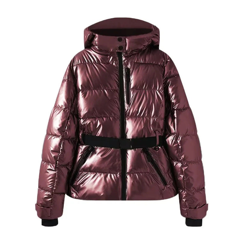 Damen 100+ gesteppte Ski- und Winterjacke mit Kapuze, Taillengürtel & wasserdichten Reißverschlüssen Drune