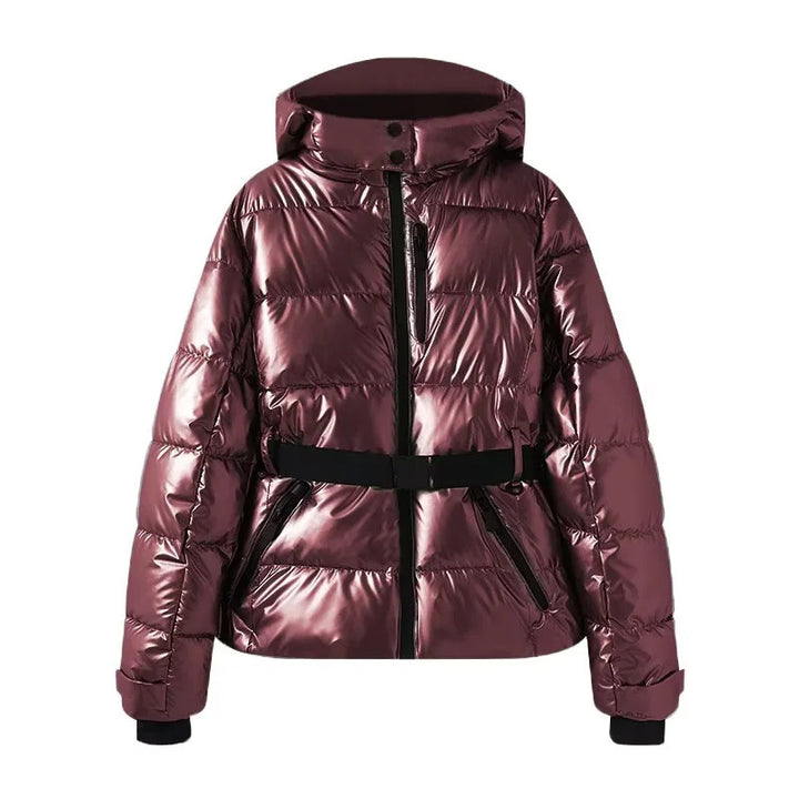 Damen 100+ gesteppte Ski- und Winterjacke mit Kapuze, Taillengürtel & wasserdichten Reißverschlüssen Drune