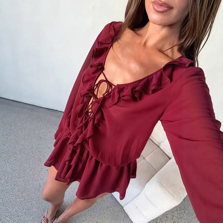 Damen Chiffonbluse mit eleganter Rüschendekoration und tiefem V-Ausschnitt Drune