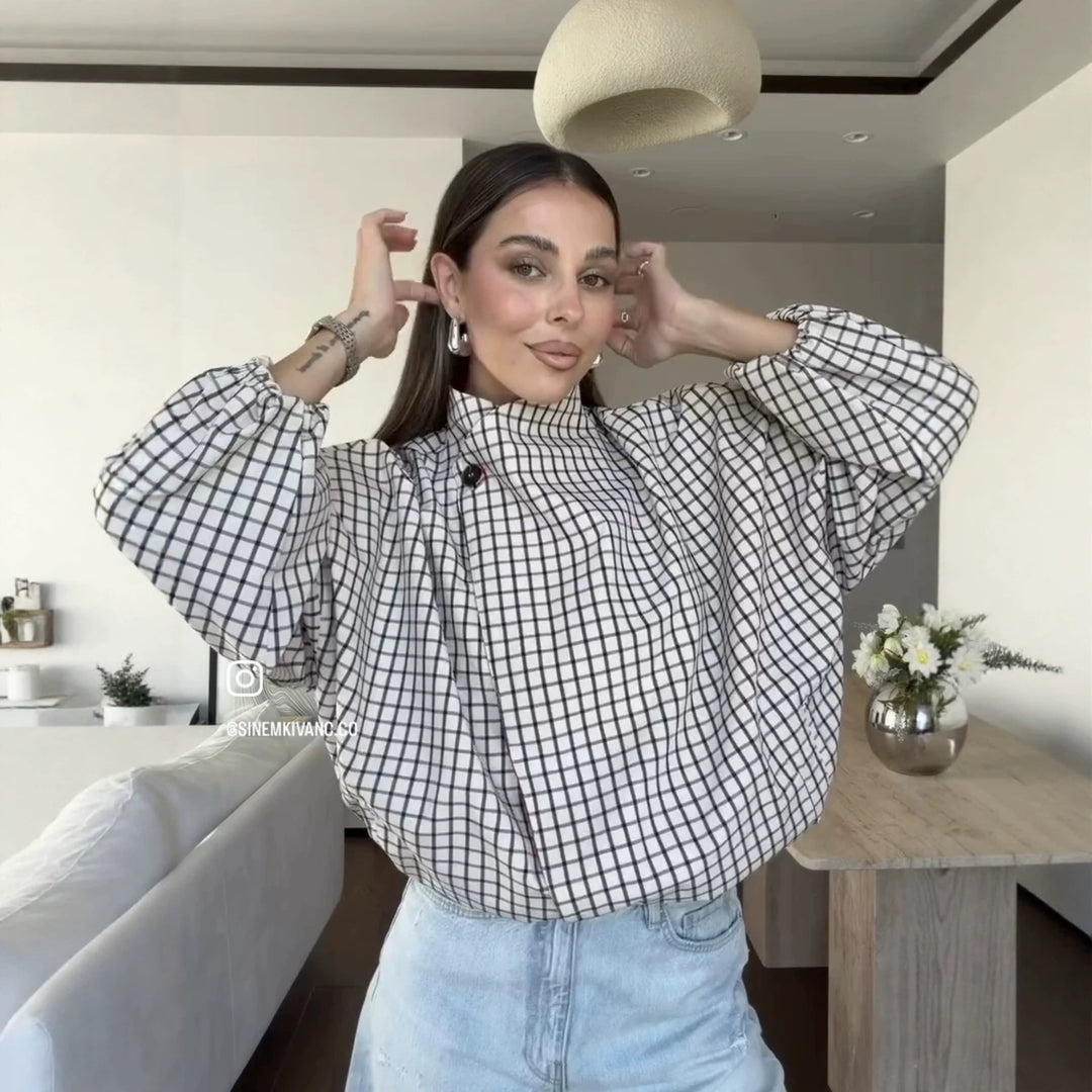 Damen Oversize-Bluse mit Stehkragen, karierter Optik und Ballonärmeln Drune
