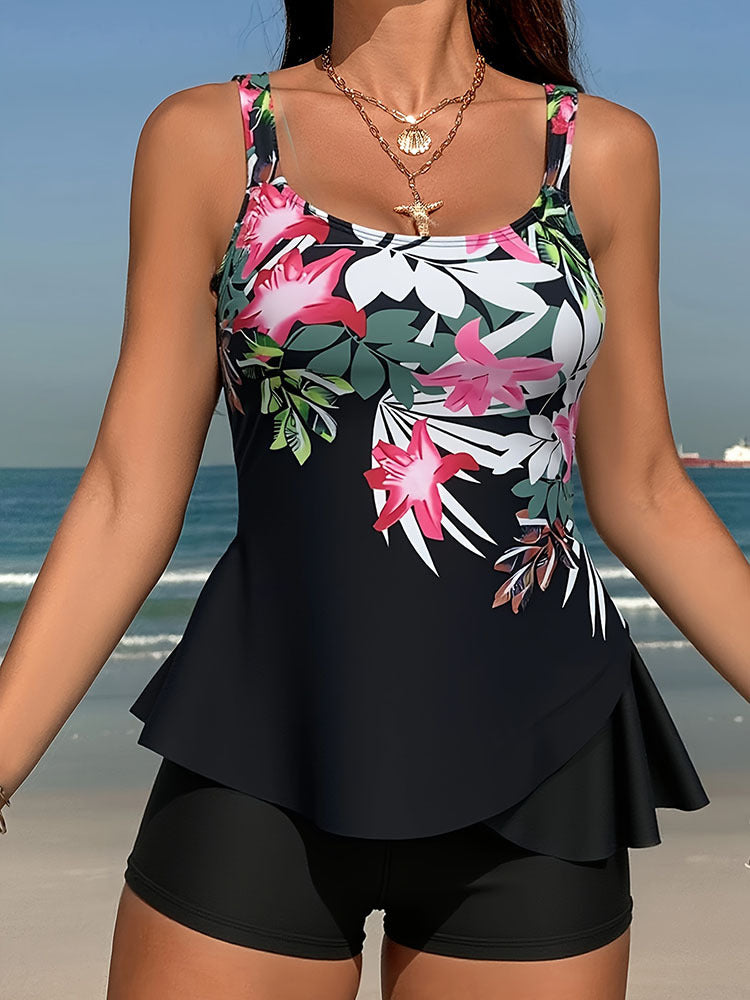 Damen Tankini Set mit floralem Oberteil und hohem Taillenslip Drune