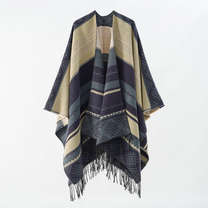 Damen Woven Jacquard-Poncho mit geometrischem Ethno-Muster und Fransensaum Drune