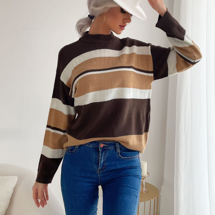 Damen Gestreifter Feinstrick-Pullover mit Stehkragen Drune