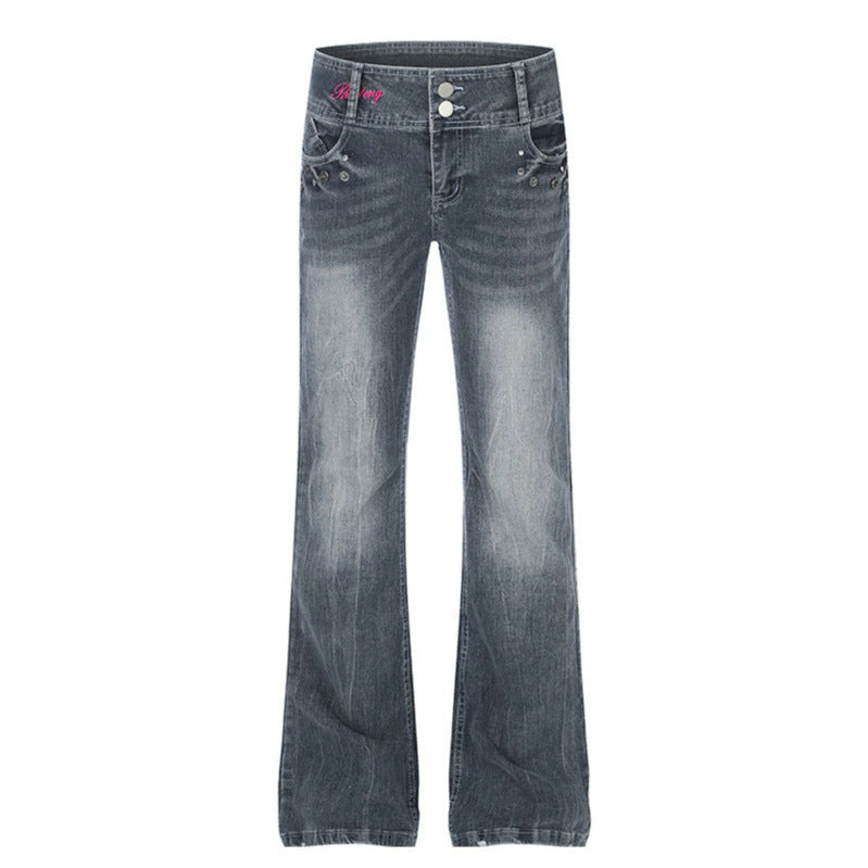 Damen High‑Waist Flared-Jeans mit weitem Bein, Doppelknopf und Nieten-Detail Drune