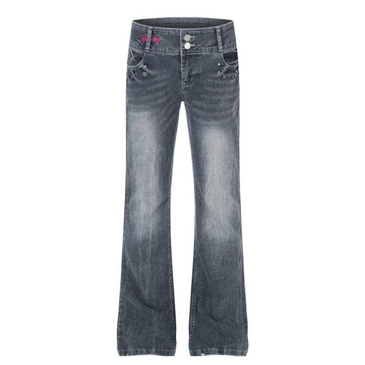 Damen High‑Waist Flared-Jeans mit weitem Bein, Doppelknopf und Nieten-Detail Drune