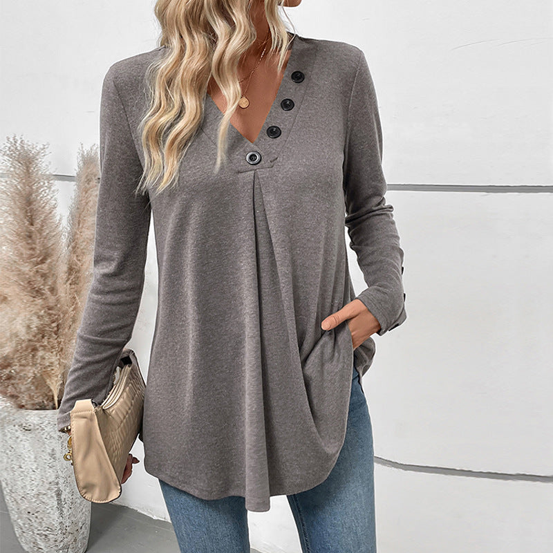 Damen Längeres V‑Ausschnitt‑Tunika‑Shirt mit Zierknöpfen, Kellerfalte und ausgestelltem Saum Drune