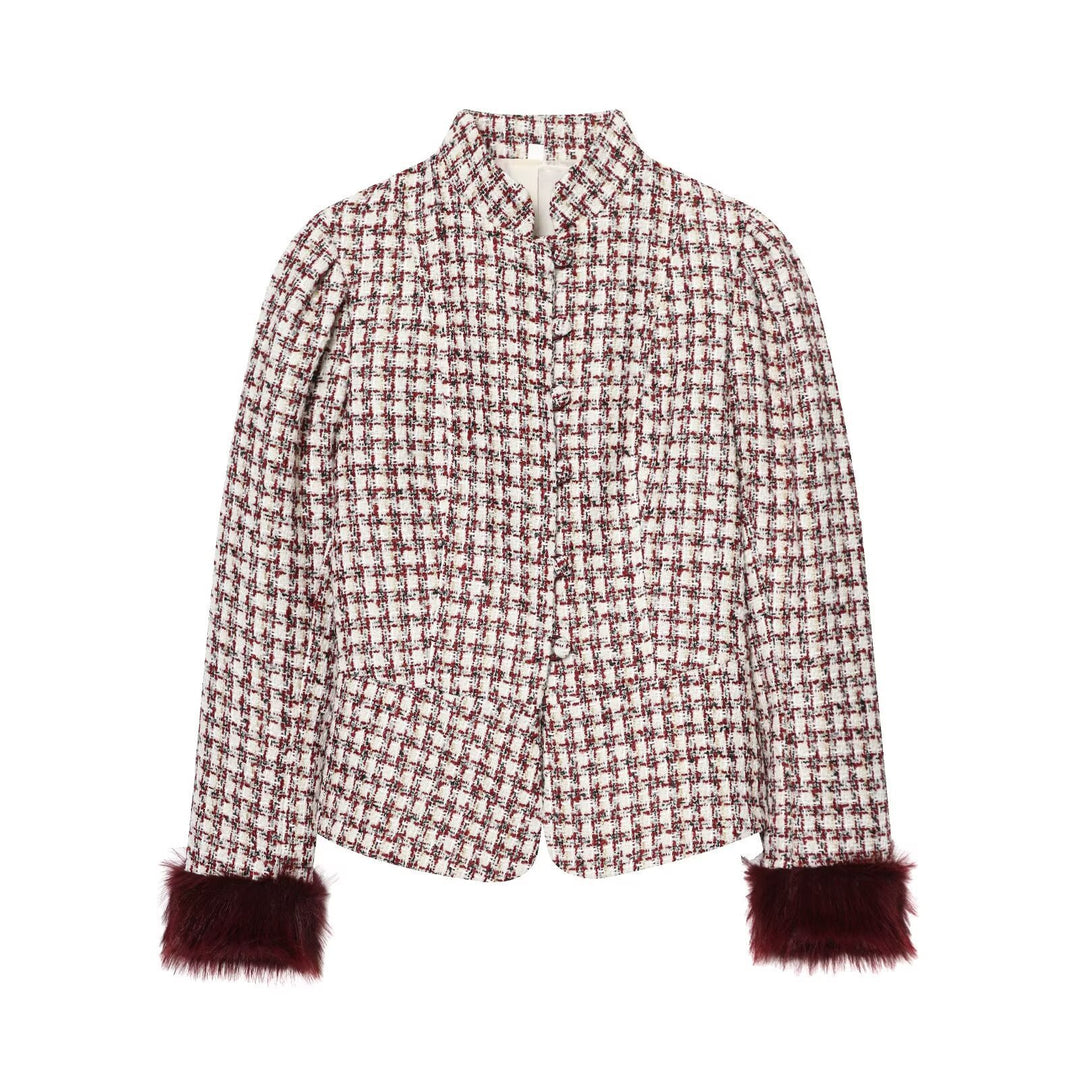 Damen Kurzjacke aus Bouclé-Tweed mit Stehkragen und Kunstfellbündchen Drune