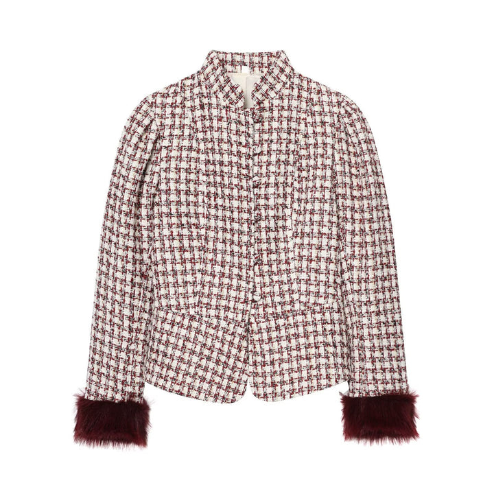 Damen Kurzjacke aus Bouclé-Tweed mit Stehkragen und Kunstfellbündchen Drune