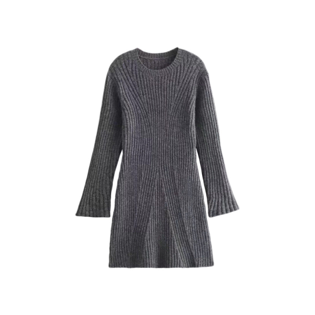 Damen Geripptes Feinstrick-Minikleid mit Glockenärmeln und taillierter Passform Drune