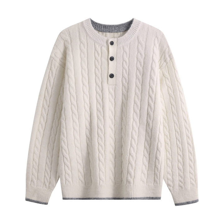 Damen Zopfmuster-Henley-Pullover mit Rundhalsausschnitt & Knopfleiste Drune