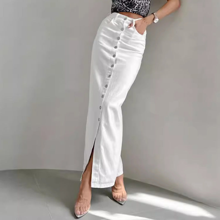 Damen langer Denimrock mit Knopfdetails und eleganter Teilung Drune