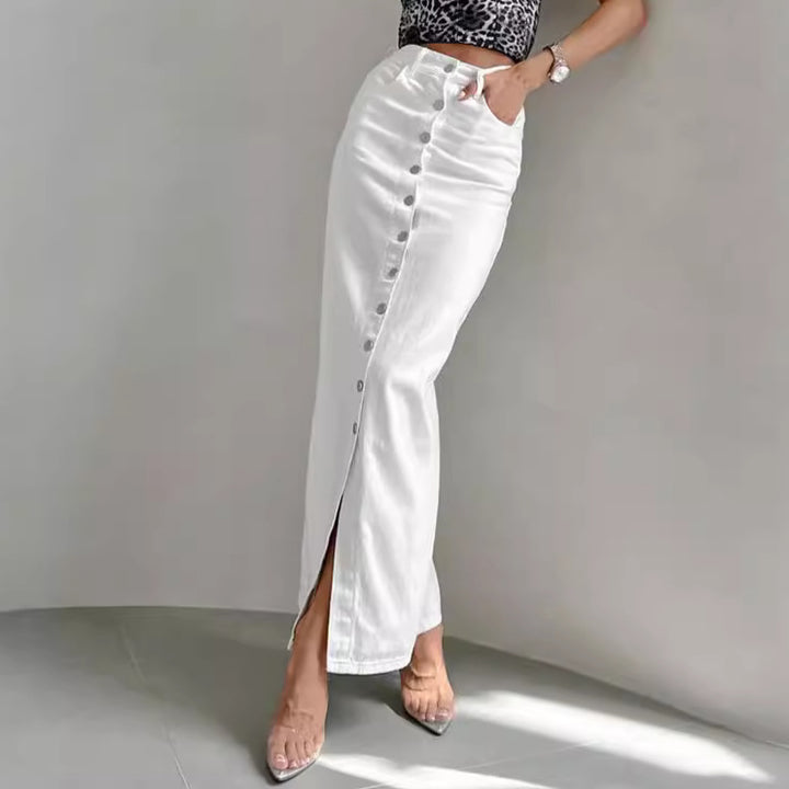 Damen langer Denimrock mit Knopfdetails und eleganter Teilung Drune