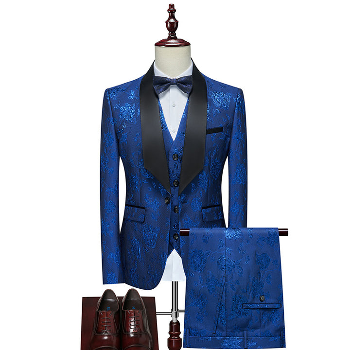 Herren Luxuriöses dreiteiliges Smoking-Set mit Schalrevers und Blumen-Jacquard Drune