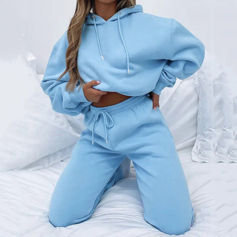 Damen kuscheliges Cropped-Kapuzen-Lounge-Set mit hochgeschnittener Tunnelzug-Jogginghose Drune