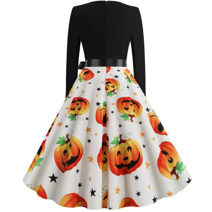 Damen Vintage Swing-Kleid mit Halloween-Kürbisprint, V-Ausschnitt mit Wellensaum und tailliertem Satinband Drune