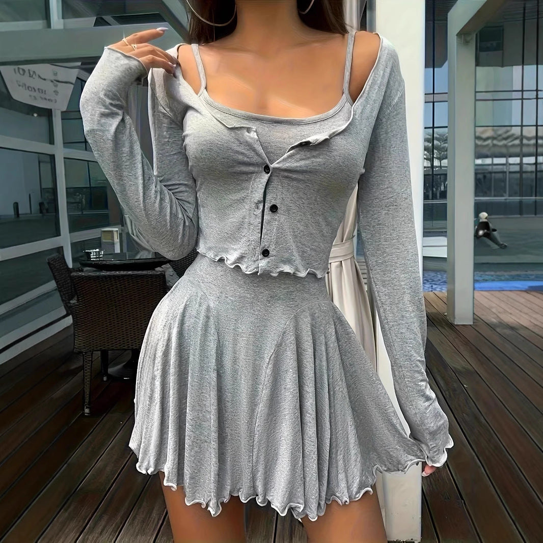 Damen Freizeit-Set mit asymmetrischem Oberteil und fließendem Rock Drune