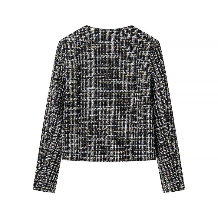Damen nan kurze Bouclé‑Tweedjacke mit Rundhalsausschnitt dekorativen Goldknöpfen und aufgesetzten Taschen Drune
