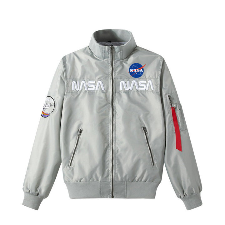 Men's  retro space-logo nylon zip bomber with angled zip pockets and utility sleeve tab Drune