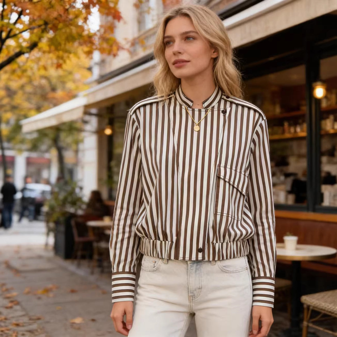Damen Gestreifte Blouson-Hemdbluse mit Stehkragen, Schulterklappen und elastischem Saum Drune