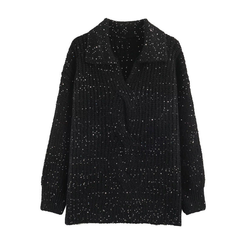 Damen Glitzernder Oversize Strickpullover mit Reverskragen und Paillettenbesatz Drune