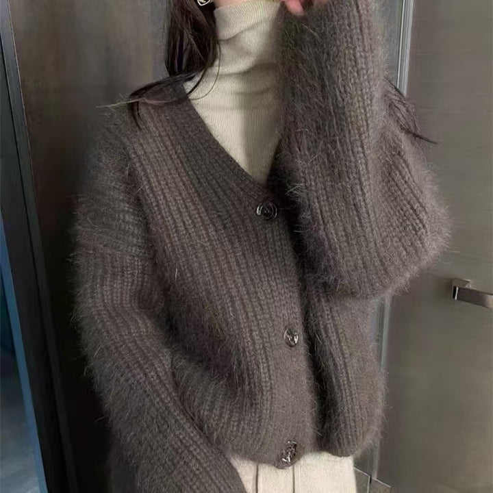 Damen Flauscher Strickjacke mit Knopf und lässigem Schnitt Drune