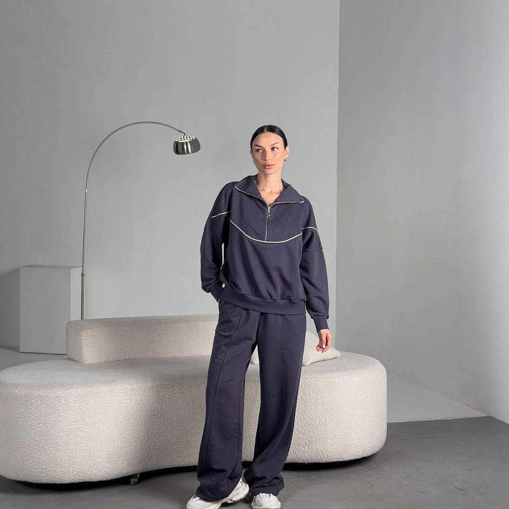 Damen Lockeres Loungewear-Set mit halbhohem Reißverschluss, überschnittenen Schultern und weiter Palazzohose Drune