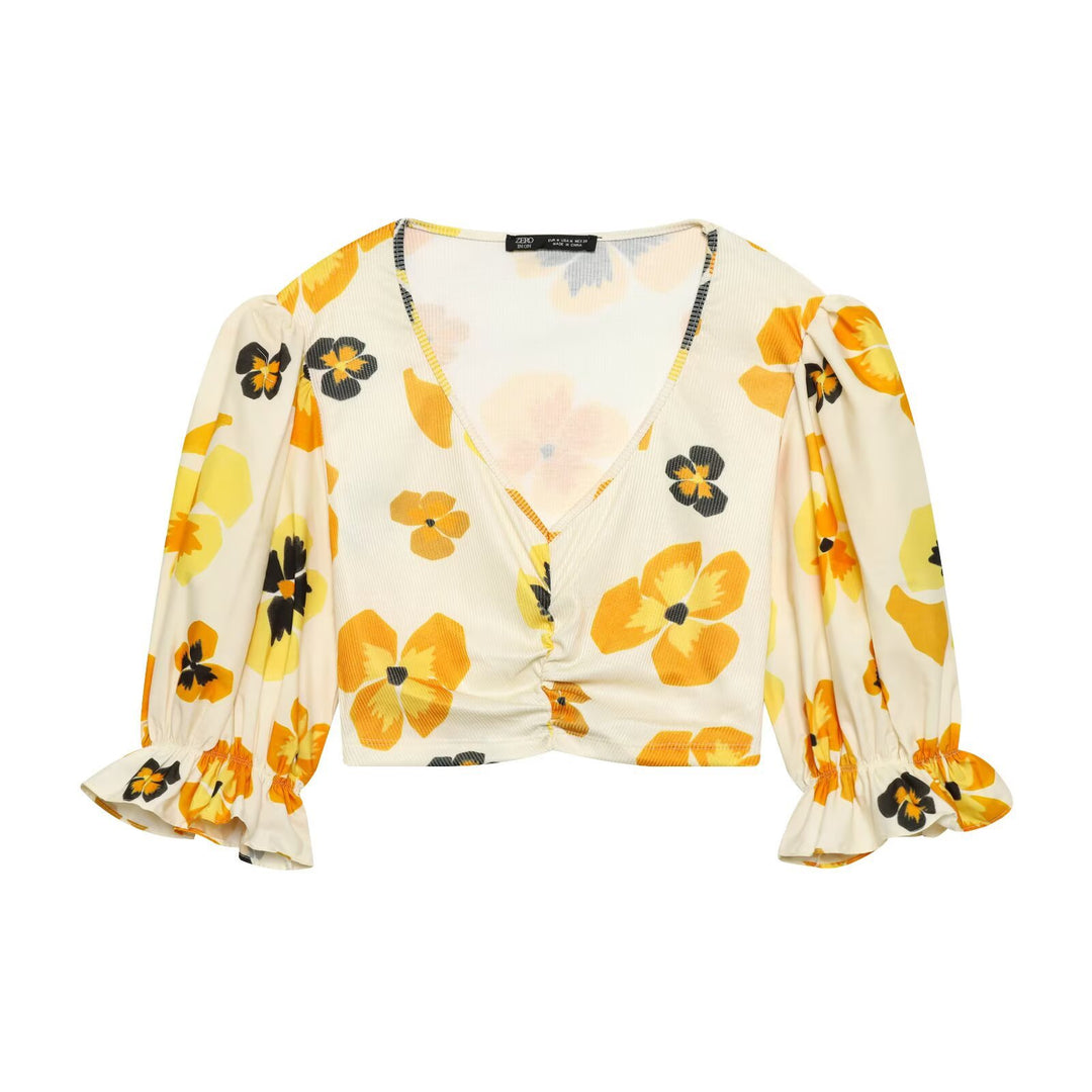 Damen Geblümte Cropped-Bluse mit V-Ausschnitt, Raffung und voluminösen Puffärmeln Drune
