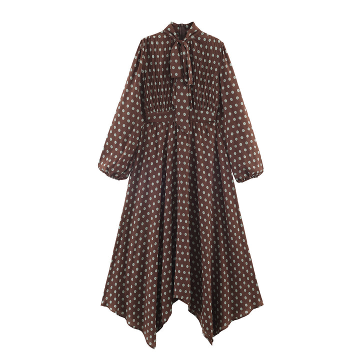 Damen nan gepunktetes Midi Kleid mit Stehkragen, Schleifenband, Plisseeoberteil und asymmetrischem Saum Drune