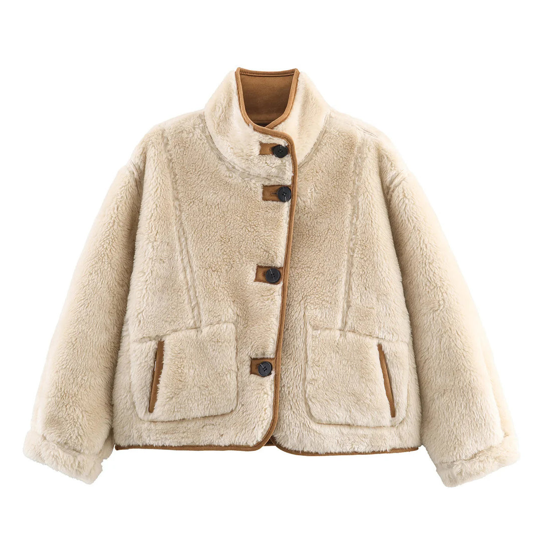 Damen nan kurze Lammfelloptik Jacke mit Stehkragen, weichem Teddyfutter und großzügigen aufgesetzten Taschen Drune