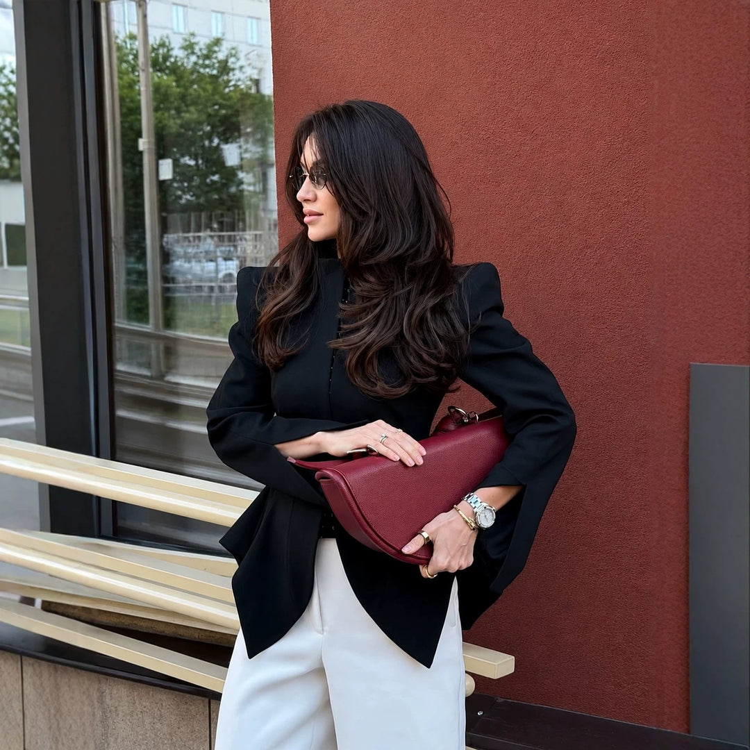 Damen Taillierter Blazer mit betonter Schulterpartie, asymmetrischem Schößchen und Schlitzärmeln Drune
