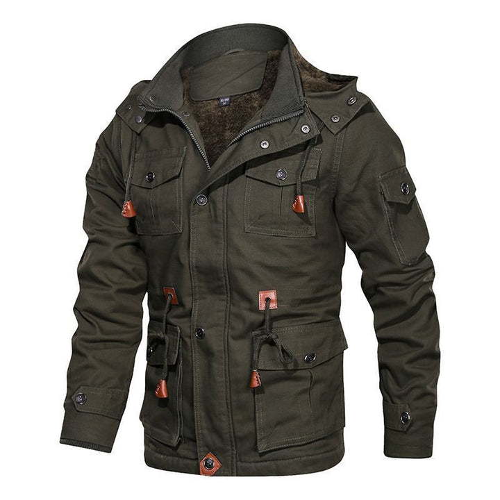 Herren Canvas-Fieldjacke mit Teddyfutter, Kapuze und Multifunktions-Taschen Drune
