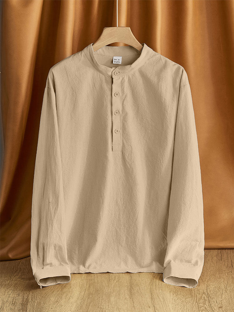 Herren Leinen-Mix Langarmshirt Henley mit Stehkragen Drune