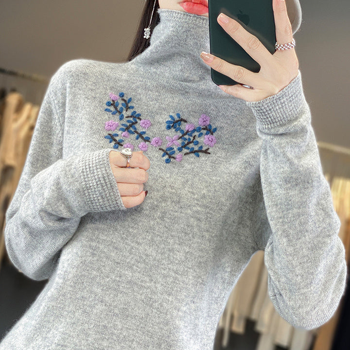 Damen Kaschmir‑Optik Rollkragenpullover mit zarter Blumenstickerei am Brustbereich Drune