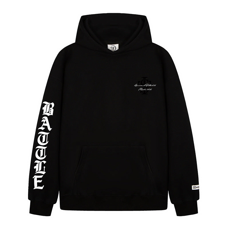 Unisex Oversize-Kapuzenpullover mit Gothic-Ärmelprint und Kängurutasche Drune