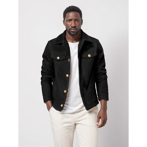 Herren Bouclé-Workerjacke mit Hemdkragen, Brustpattentaschen und Metallknöpfen Drune