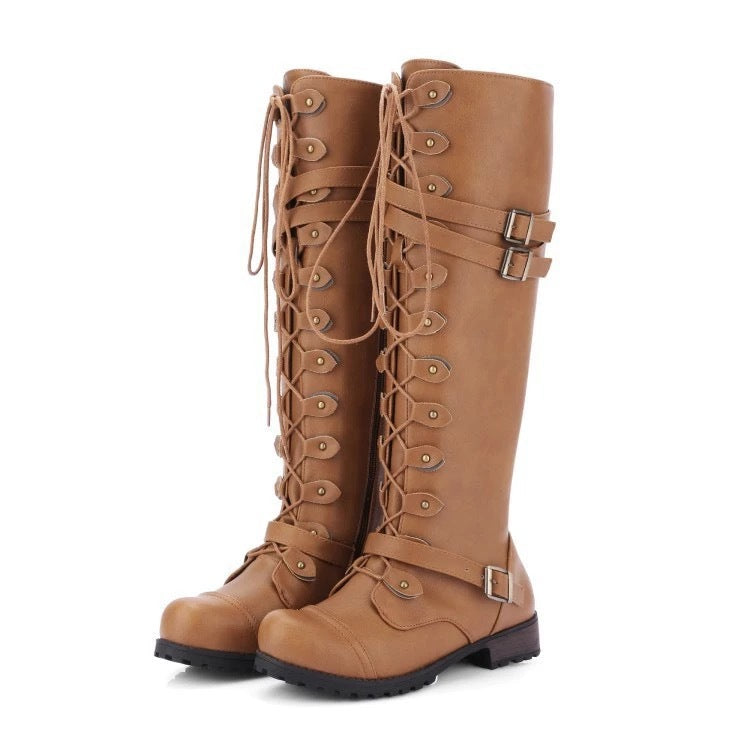Damen Kniehohe Schnürstiefel mit verstellbaren Zierschnallen und robuster Profilsohle Drune